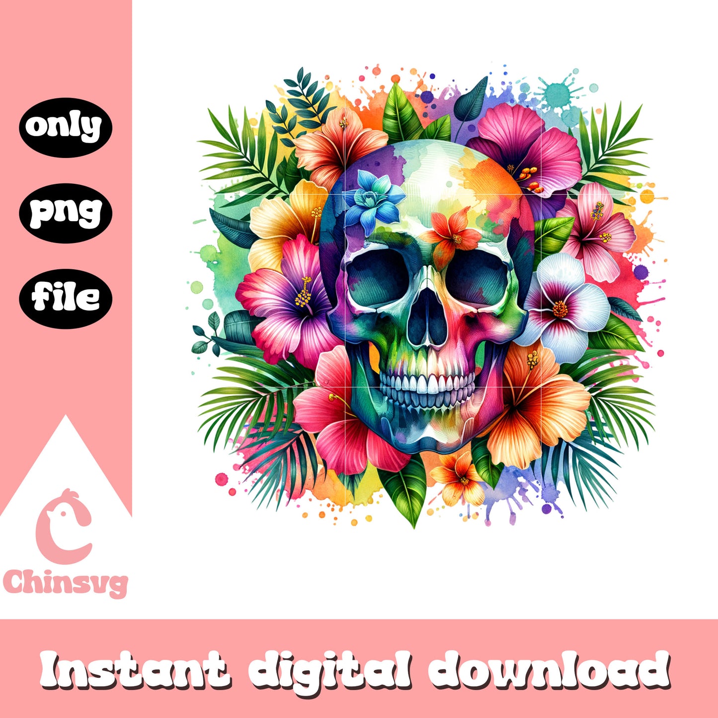 Tropical skull design png, skull png, vintage floral png