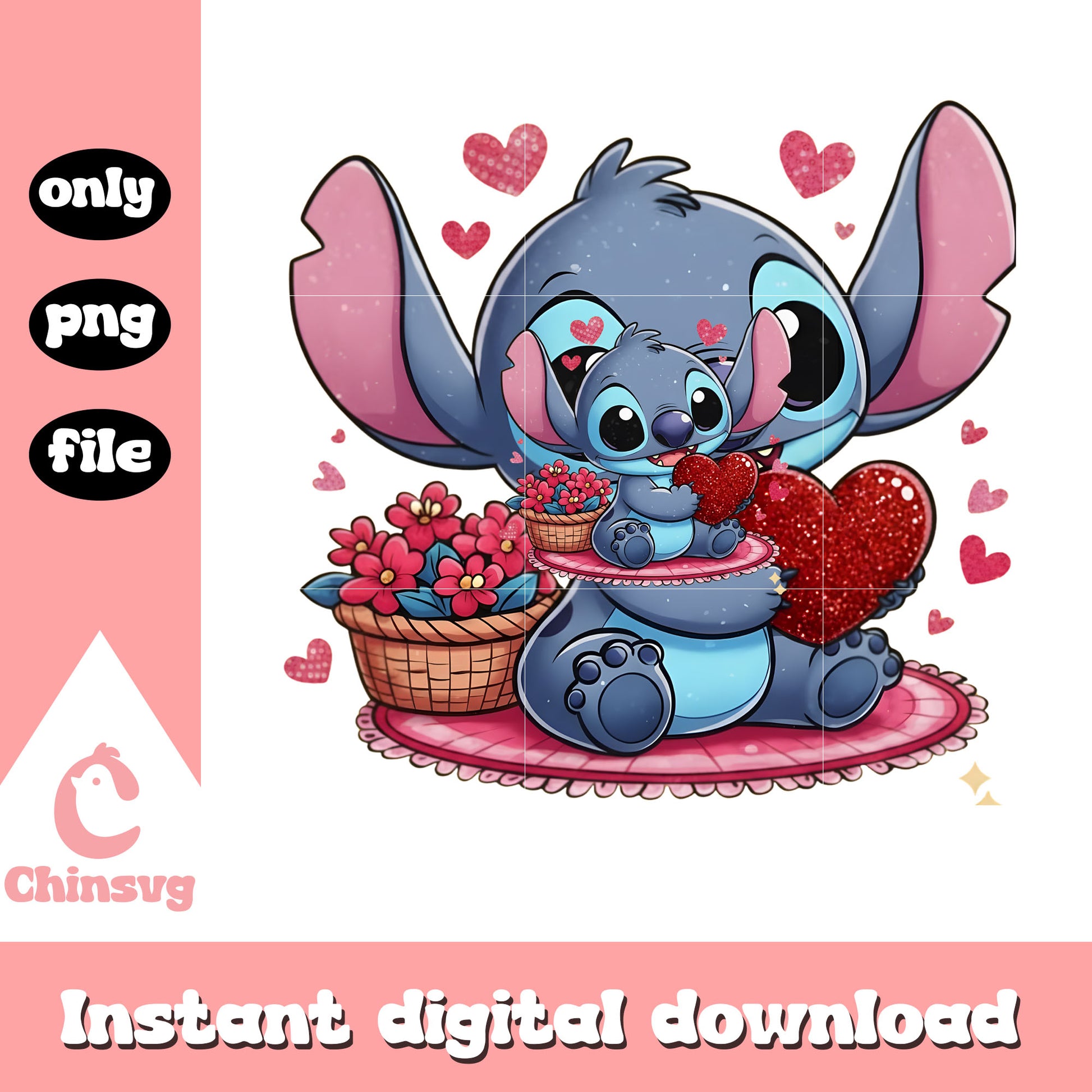 Two stitch flower love png, valentines day stitch​​​​ png