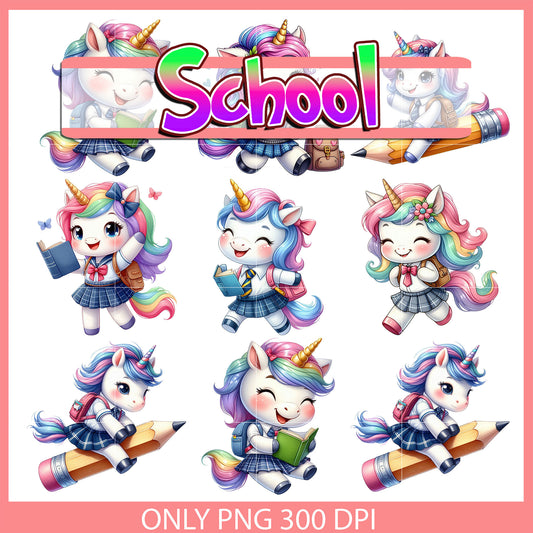 Unicorn kawaii back to school design bundle png, unicorn kawaii png