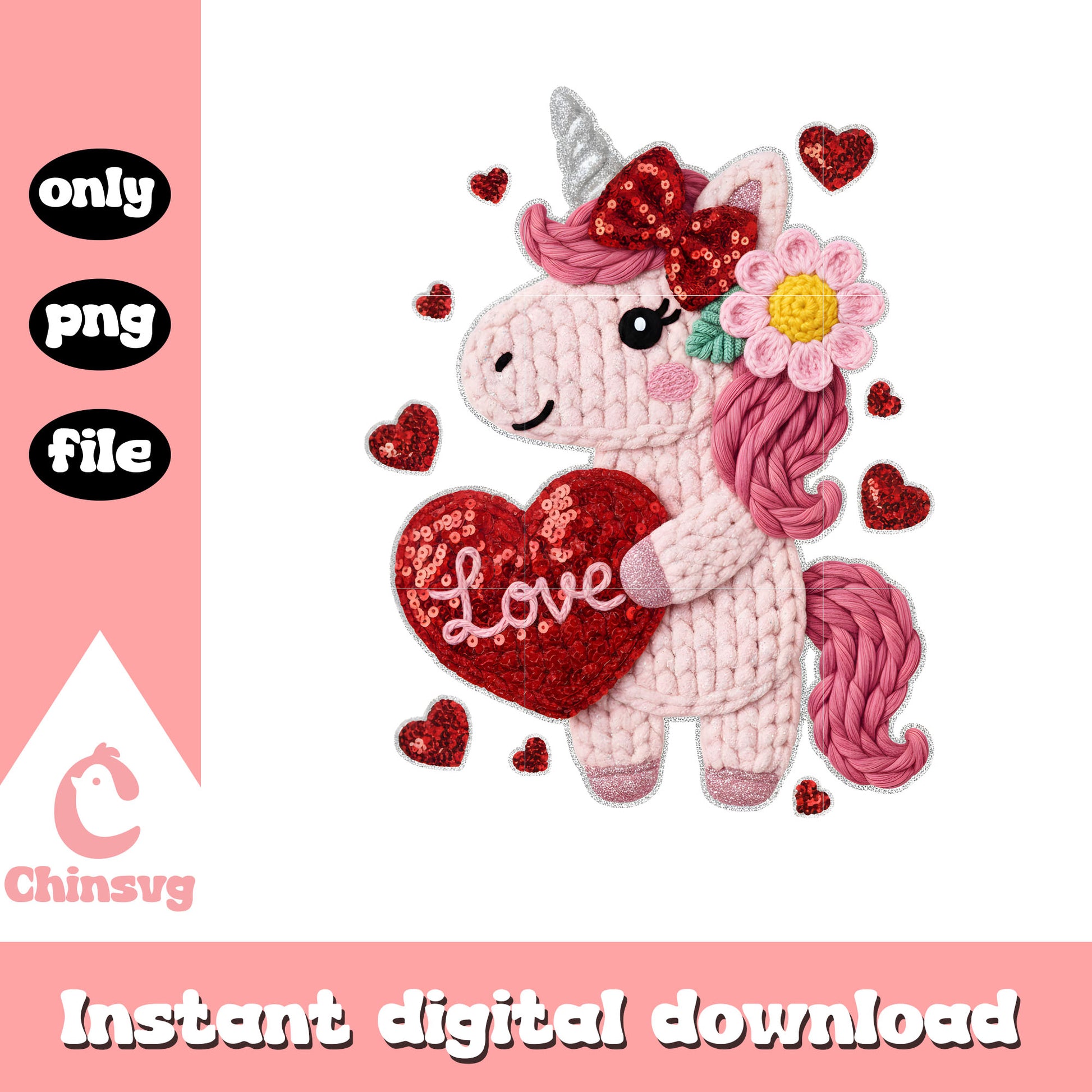 Unicorn love valentine crochet png, unicorn valentine​​ png