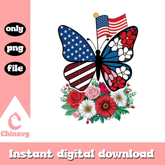 Usa flag butterfly flowers design png, 4th of july holiday png