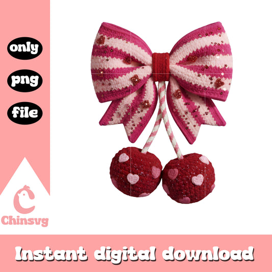 Valentine bow cherry crochet png, valentines day bow png