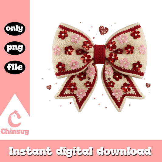 Valentine bow flower crochet png, valentines day bow​ png