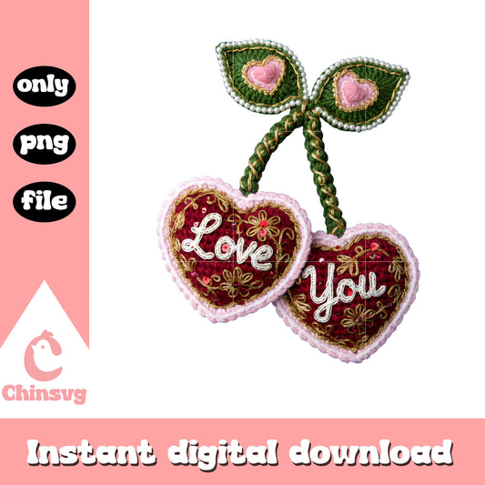 Valentine cherry hearts crochet png, valentines day love​ png