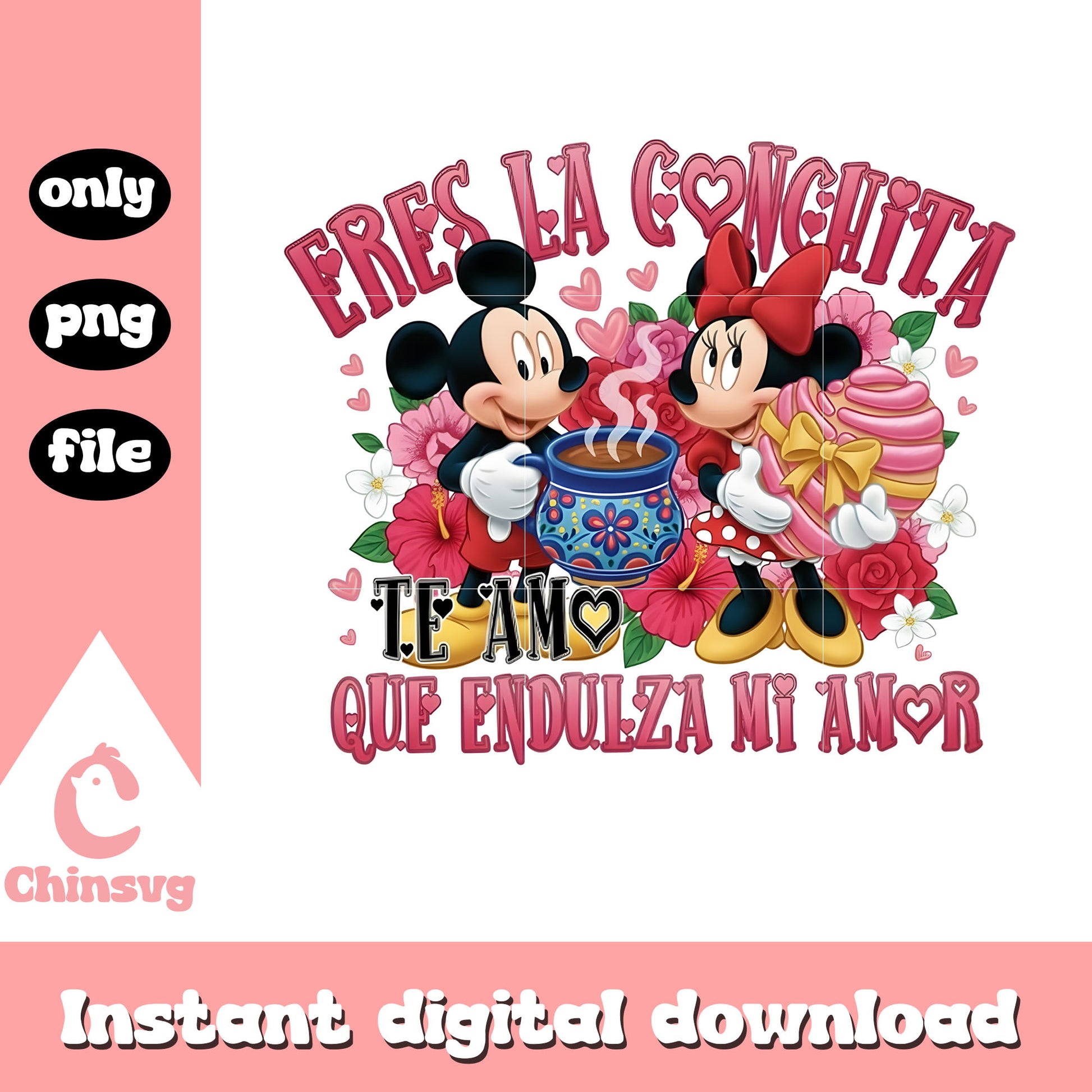 Valentine coffee flower couple png, disney valentines​ png
