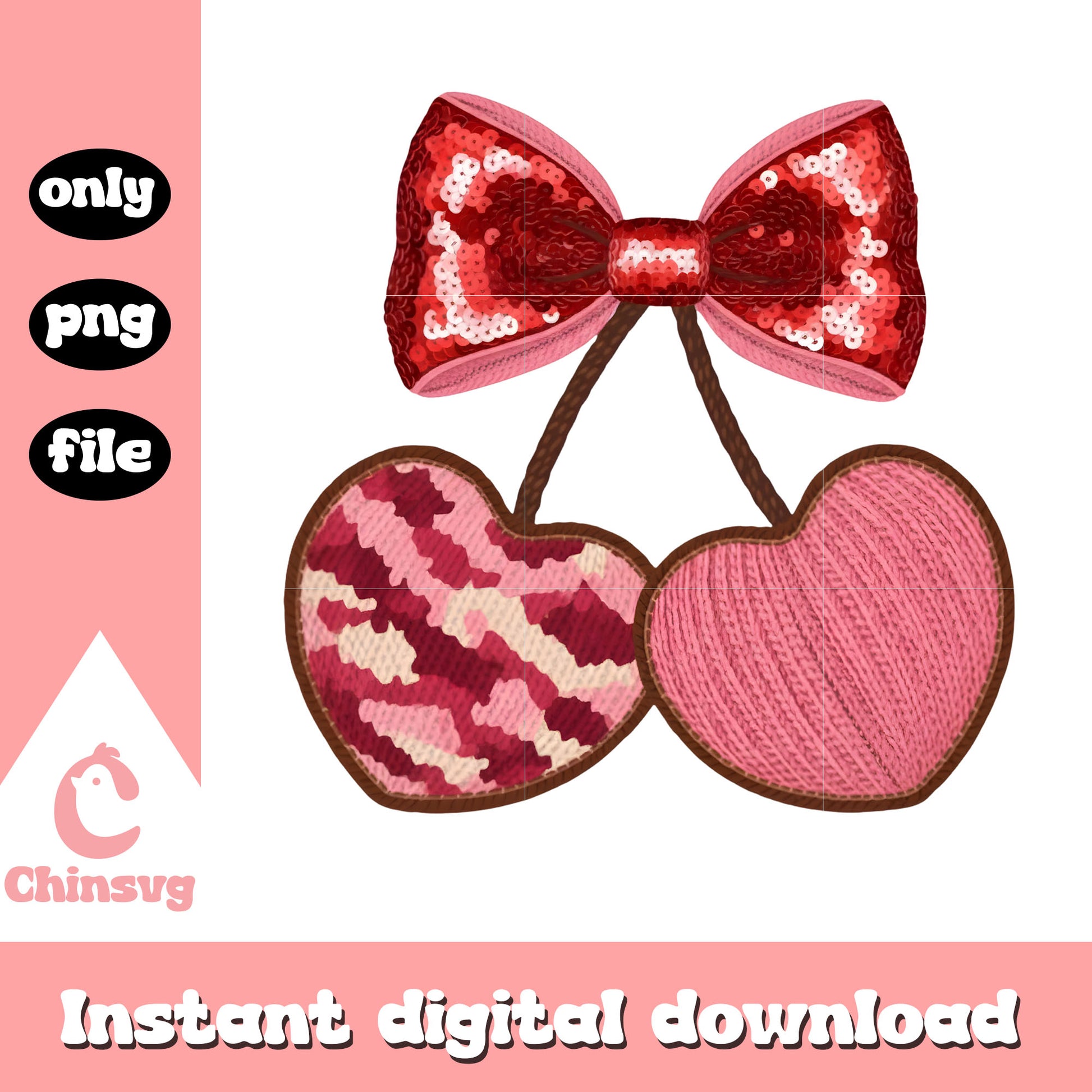 Valentine crochet cherry hearts png, valentines day bow​ png