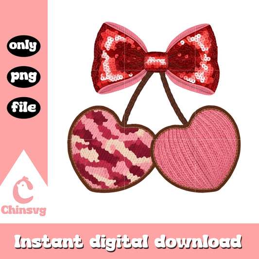 Valentine crochet cherry hearts png, valentines day bow​ png