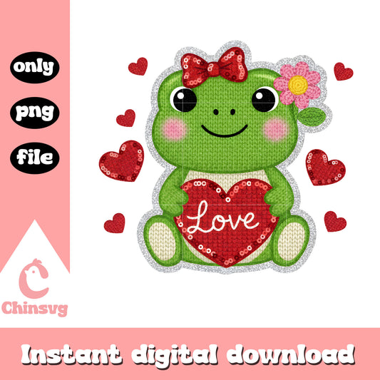 Valentine crochet frog hearts png, valentines day frog​ png