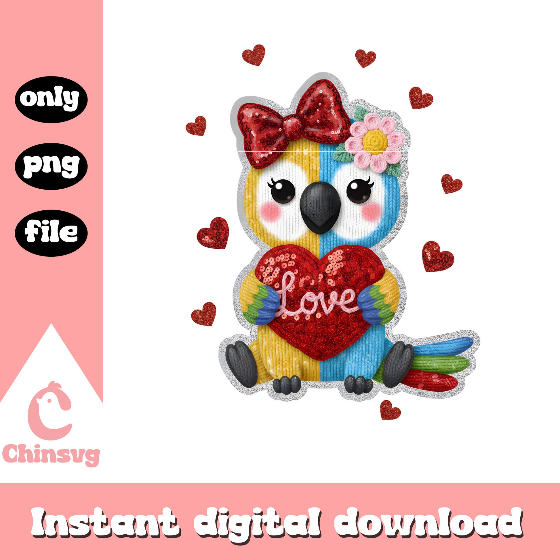 Valentine crochet macaw bow png, valentines day love​ png