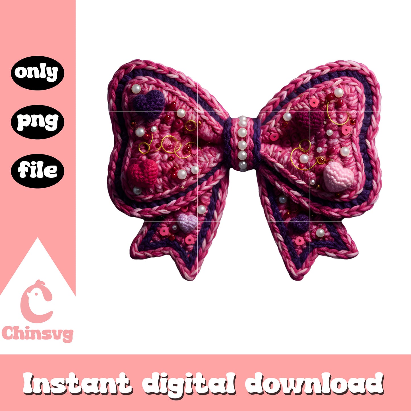 Valentine crochet pink bow png, valentines day bow​ png