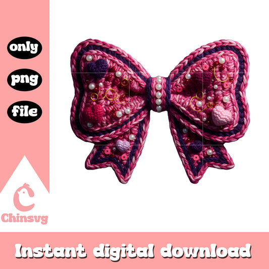 Valentine crochet pink bow png, valentines day bow​ png