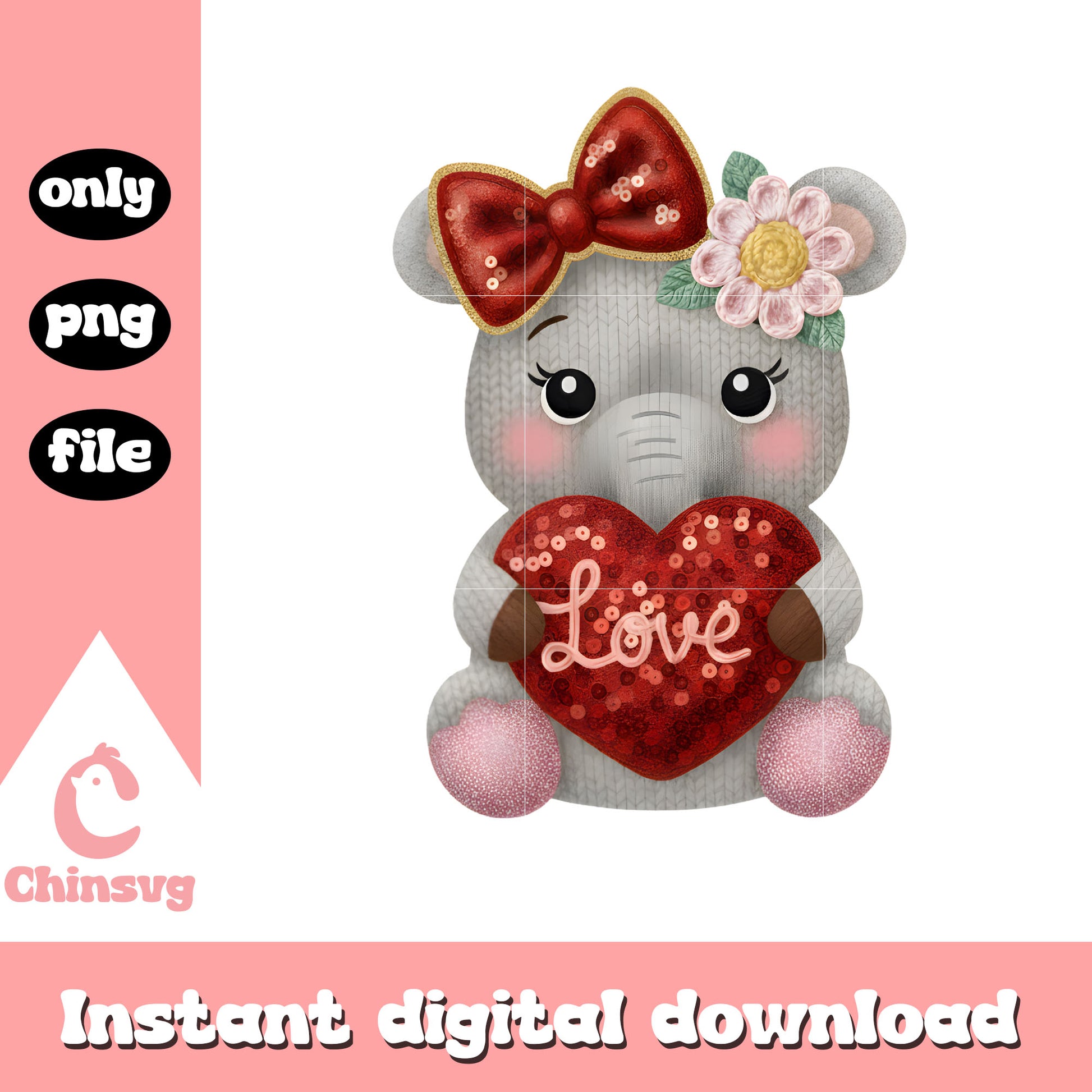 Valentine elephant bow crochet png, valentine elephant​ png