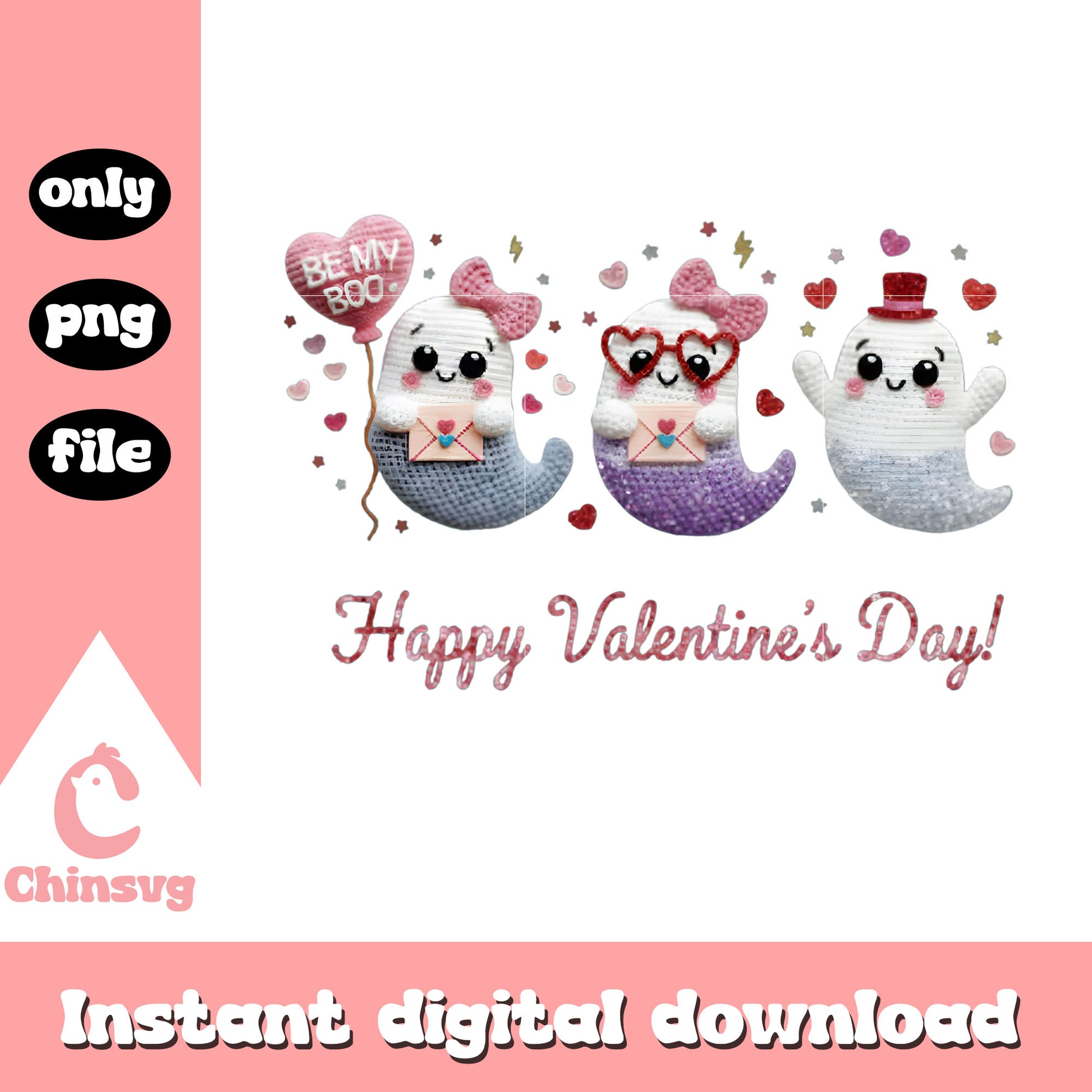 Valentine ghost boo crochet png, ghost valentine's day​ png