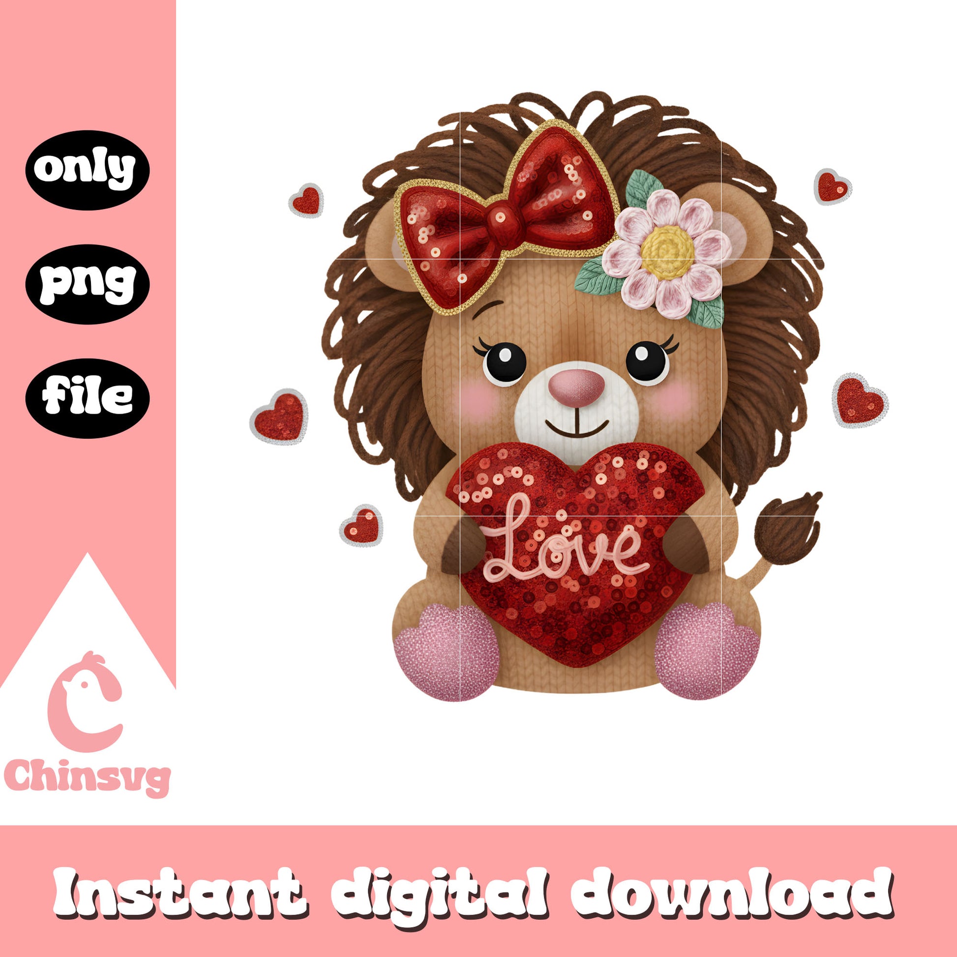 Valentine lion love crochet png, valentines day lion​​​ png