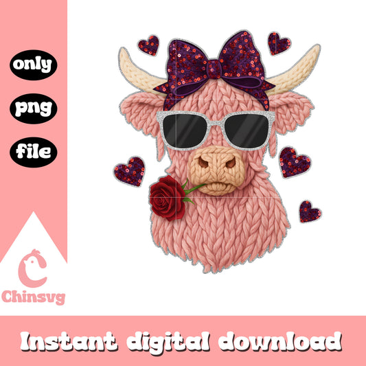 Valentine pink cow crochet png, valentines day cow​ png