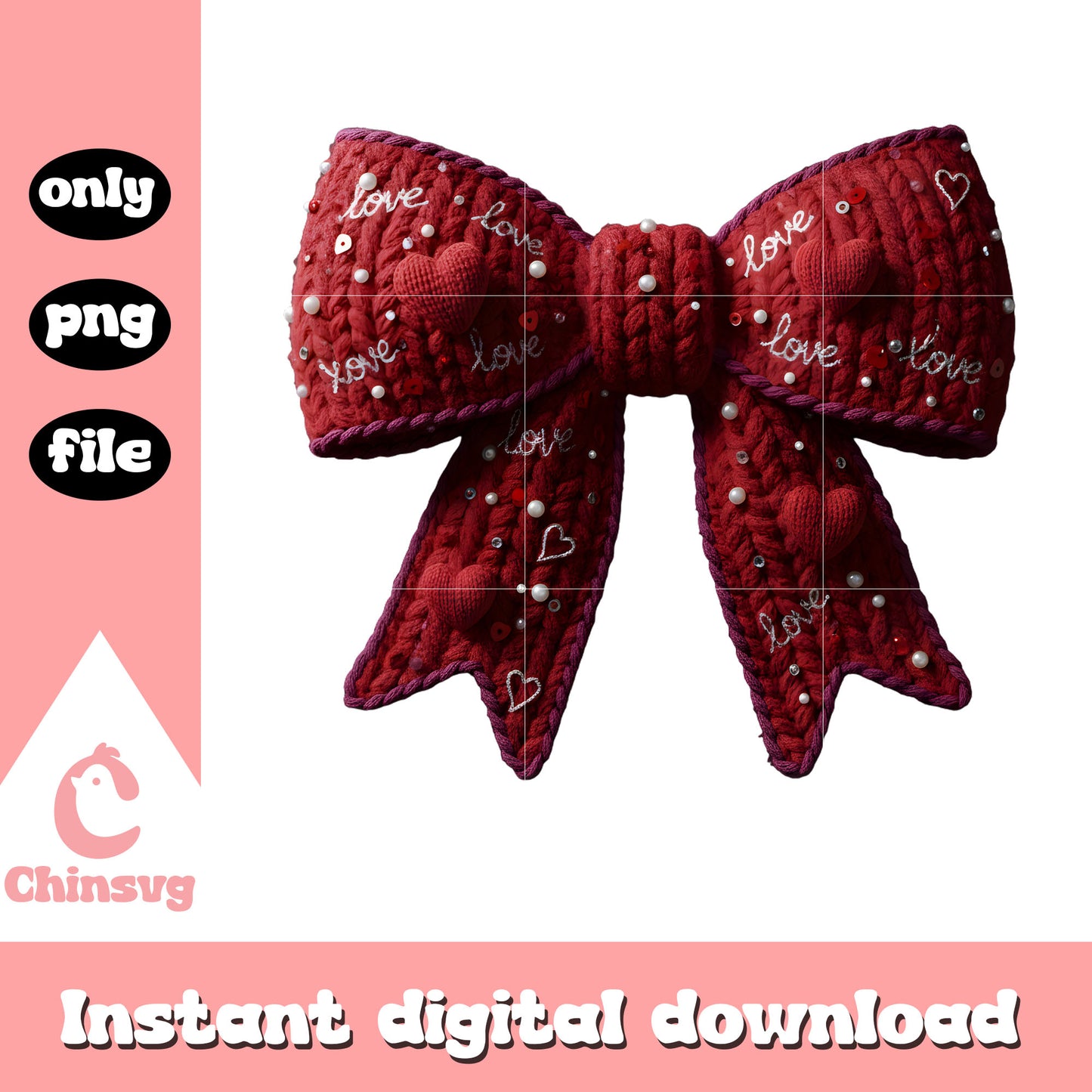 Valentine red bow crochet png, valentines day bow​​​ png