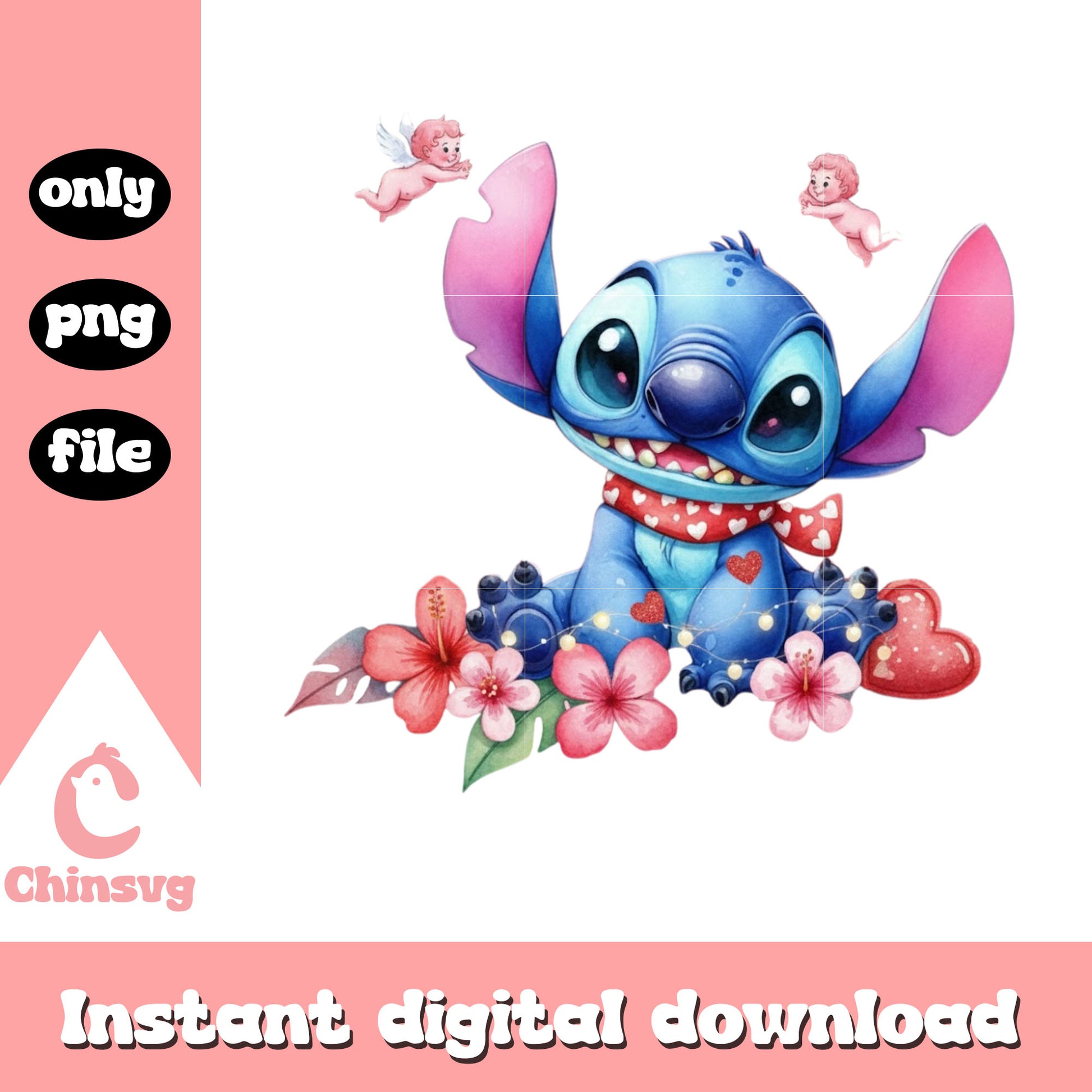 Valentine stitch flower angel png, stitch valentines day​ png