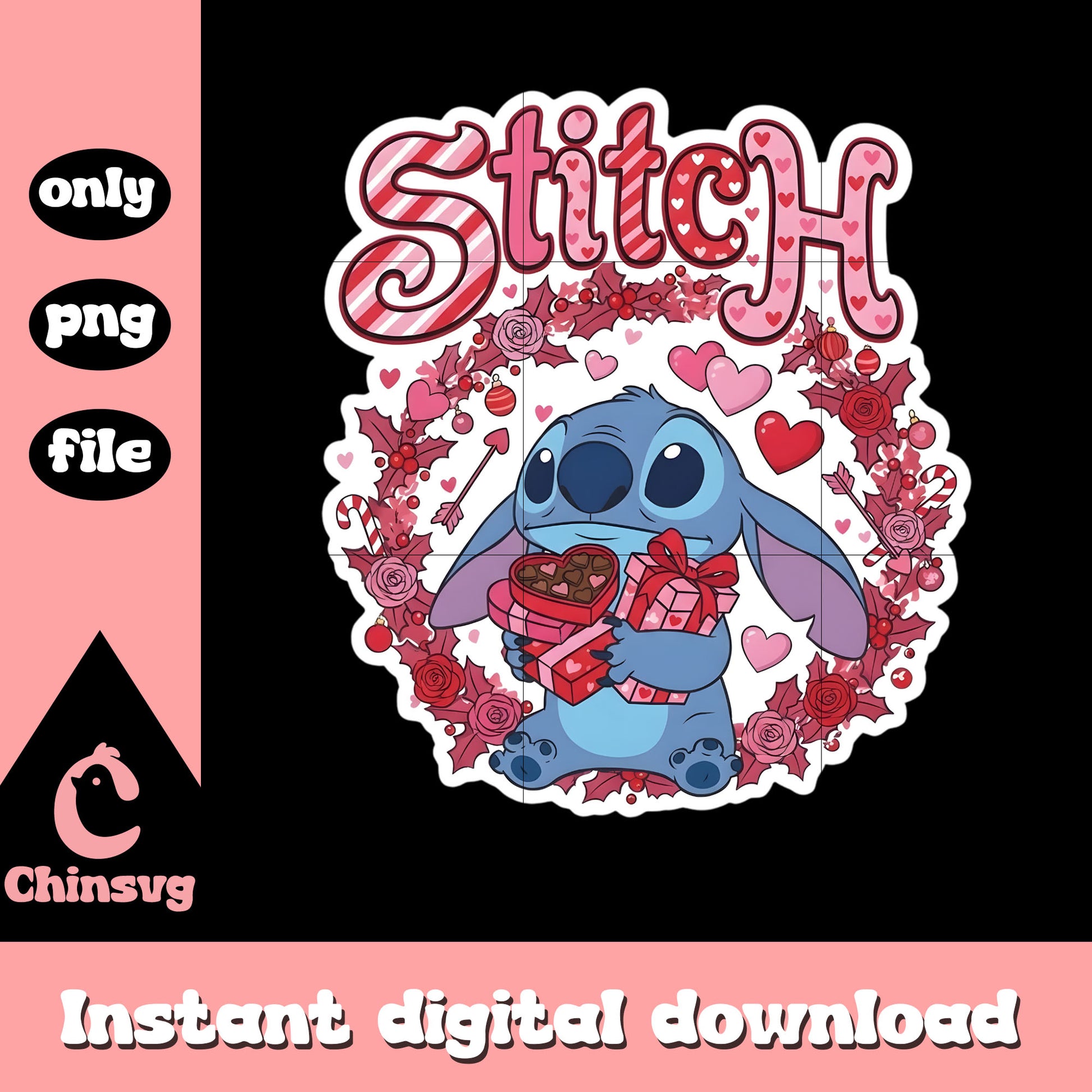 Valentine stitch flower cartoon png, stitch valentines day​ png