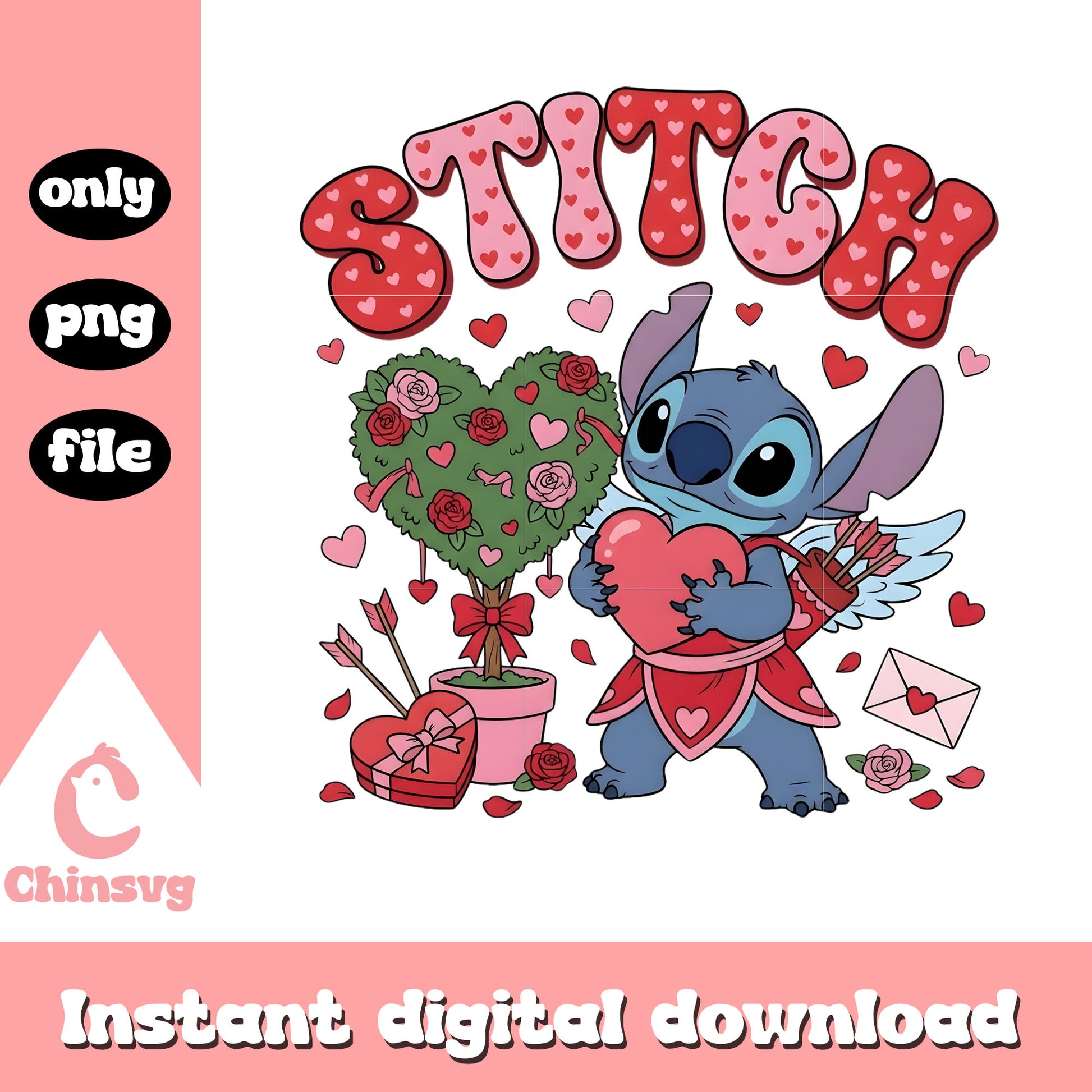 Valentine tree stitch cupid png, stitch valentines day​ png