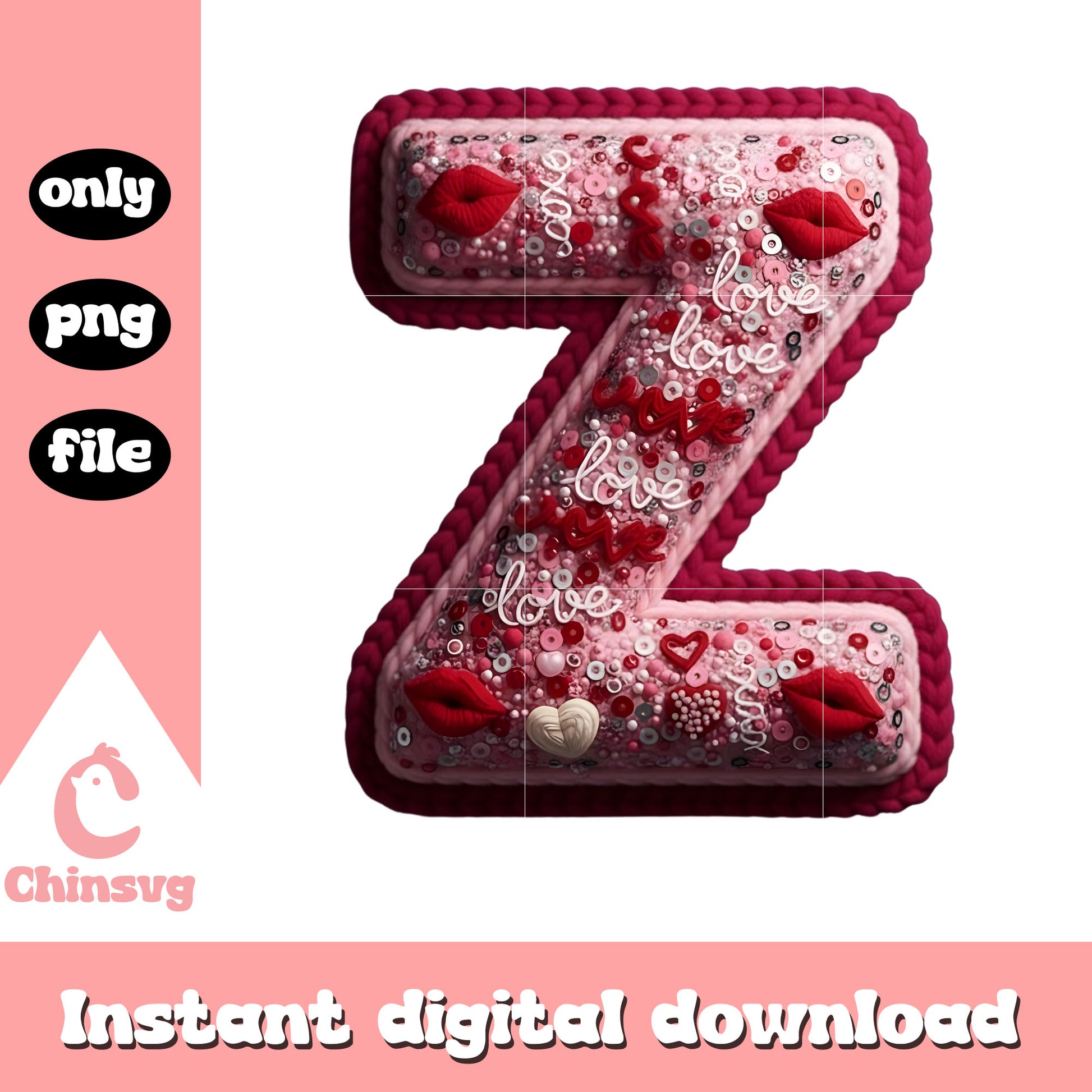Valentine z crochet flower png, alphabet valentine​ png