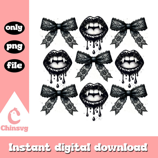 Vampire mouth coquette bow halloween design png, halloween designs png