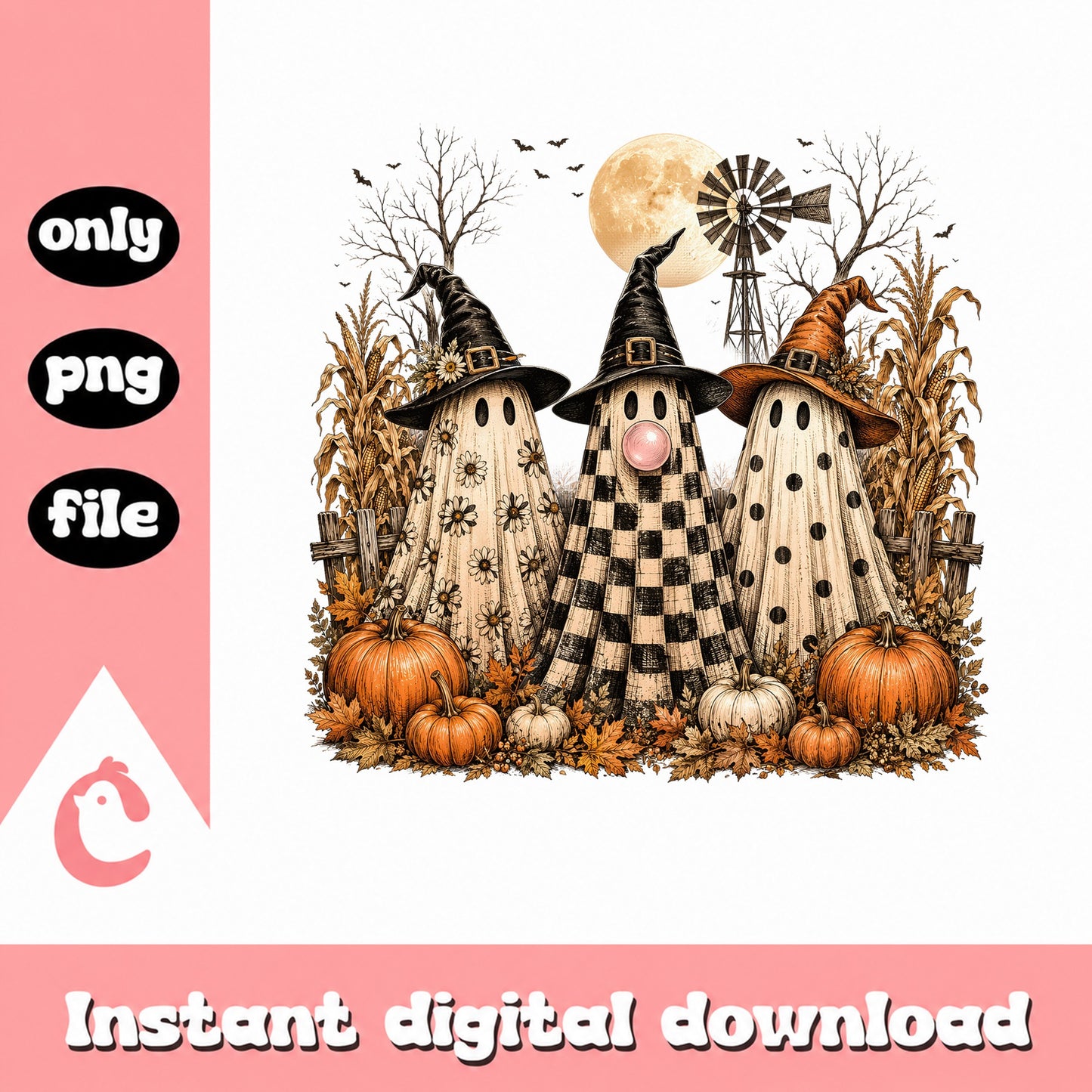 Vintage Halloween Ghost PNG, Witch Hat Pumpkin Fall PNG, Halloween PNG