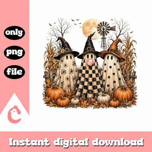 Vintage Halloween Ghost PNG, Witch Hat Pumpkin Fall PNG, Halloween PNG