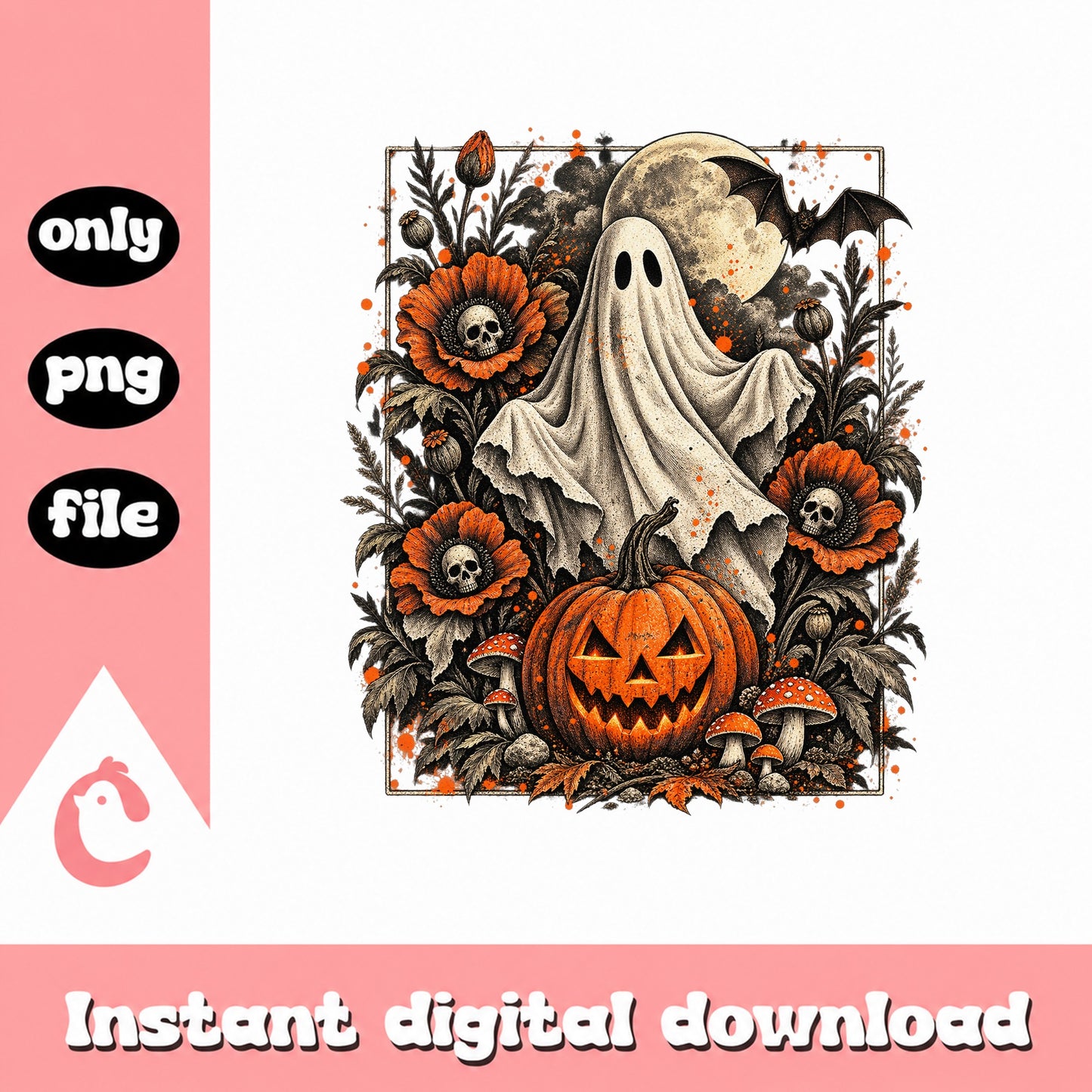 Vintage Halloween Ghost Pumpkin Design, Spooky Floral Art, PNG
