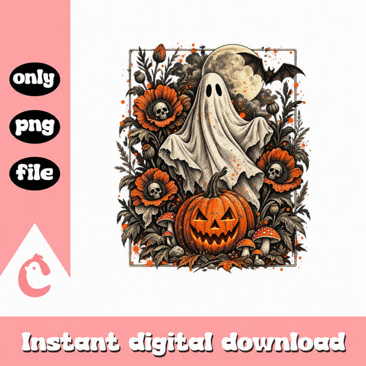 Vintage Halloween Ghost Pumpkin Design, Spooky Floral Art, PNG