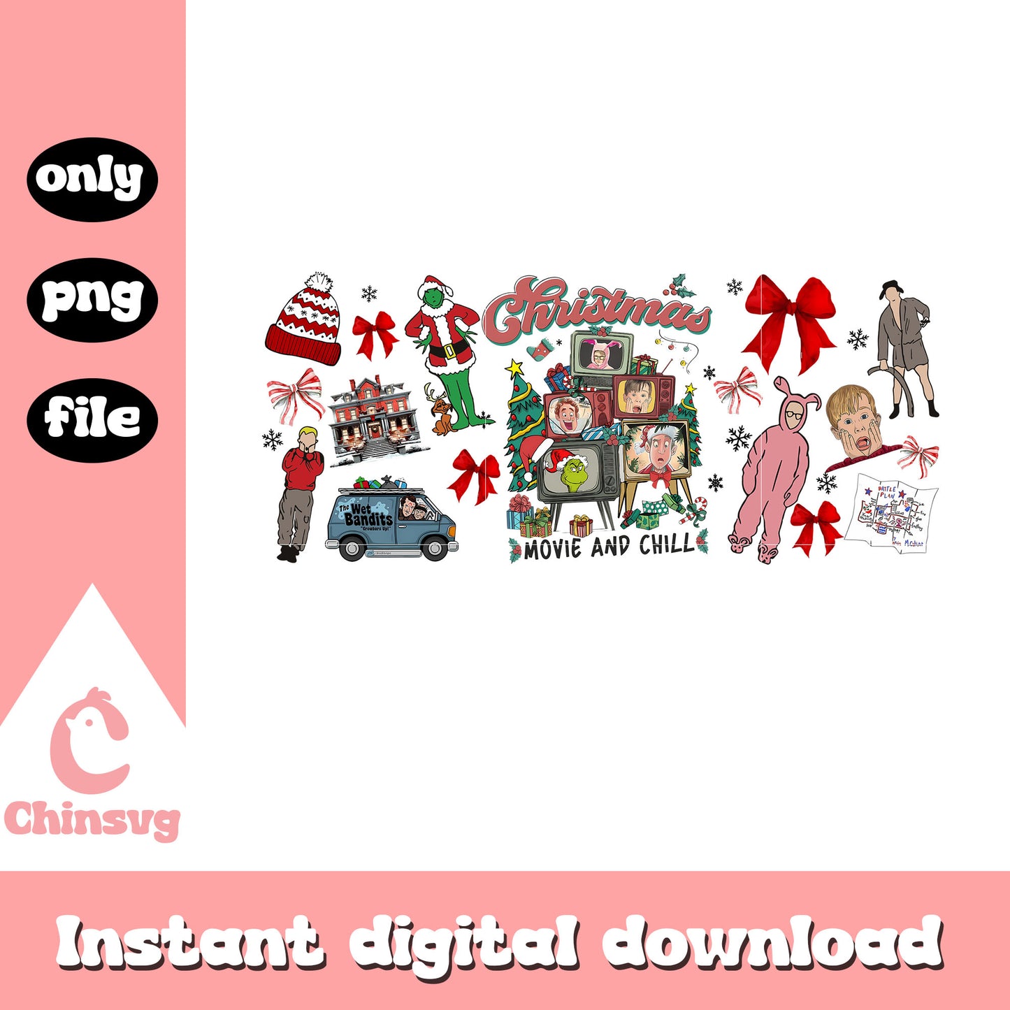 Vintage christmas movie and chill png, grinch pictures png