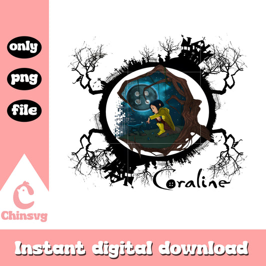 Vintage coraline jones and cat design png, coraline film png