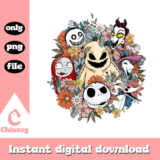 Vintage floral nightmare before christmas characters png, halloween movie characters png