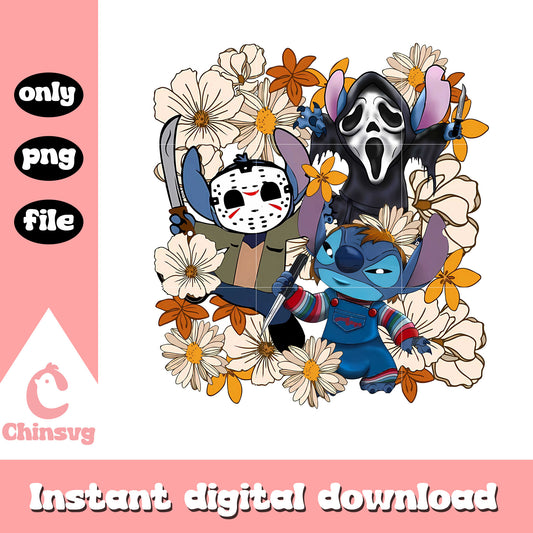 Vintage floral stitch horror film characters png, cute stitch png, horror film png