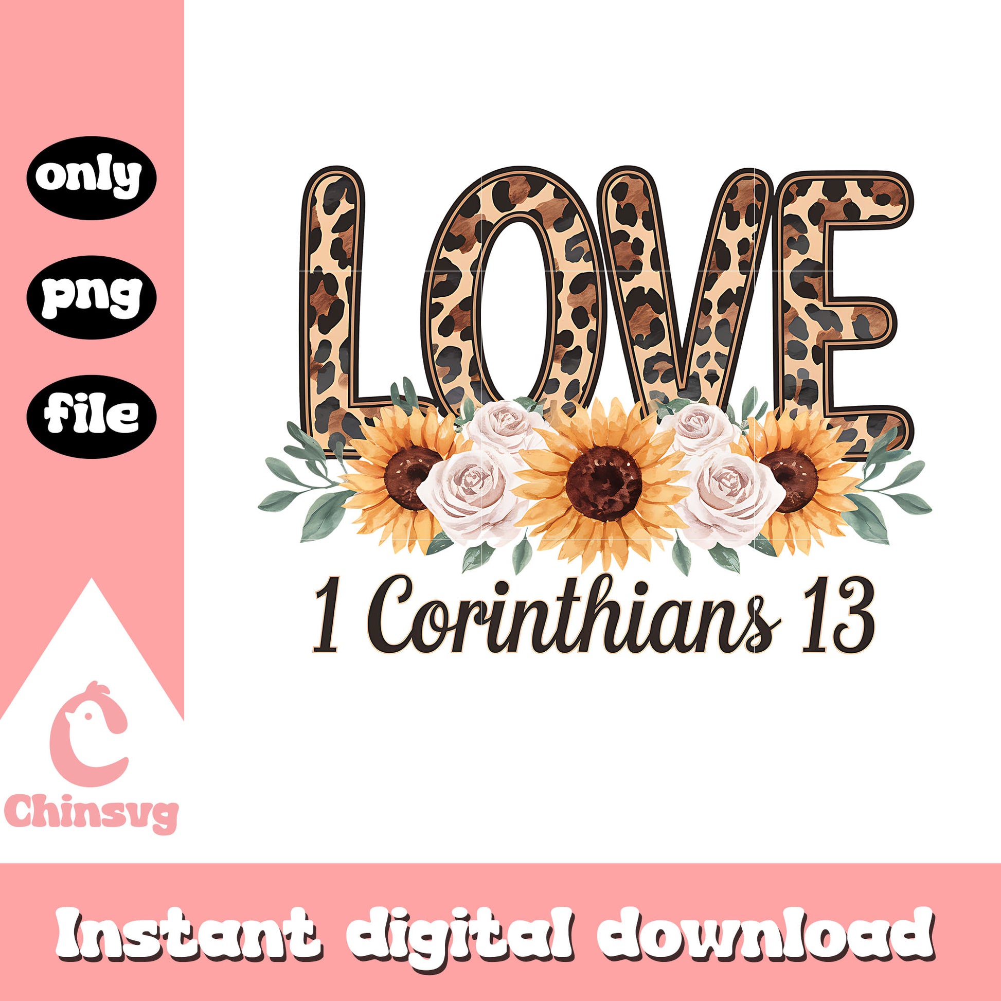 Vintage flower love leopard pattern png, love png, valentine png