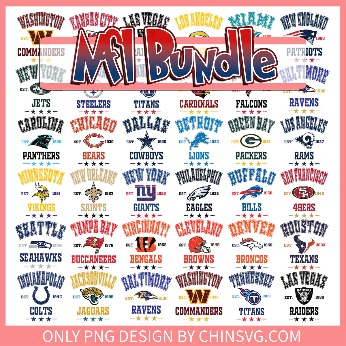 Vintage logo nfl star bundle png, 32 nfl football teams​ png