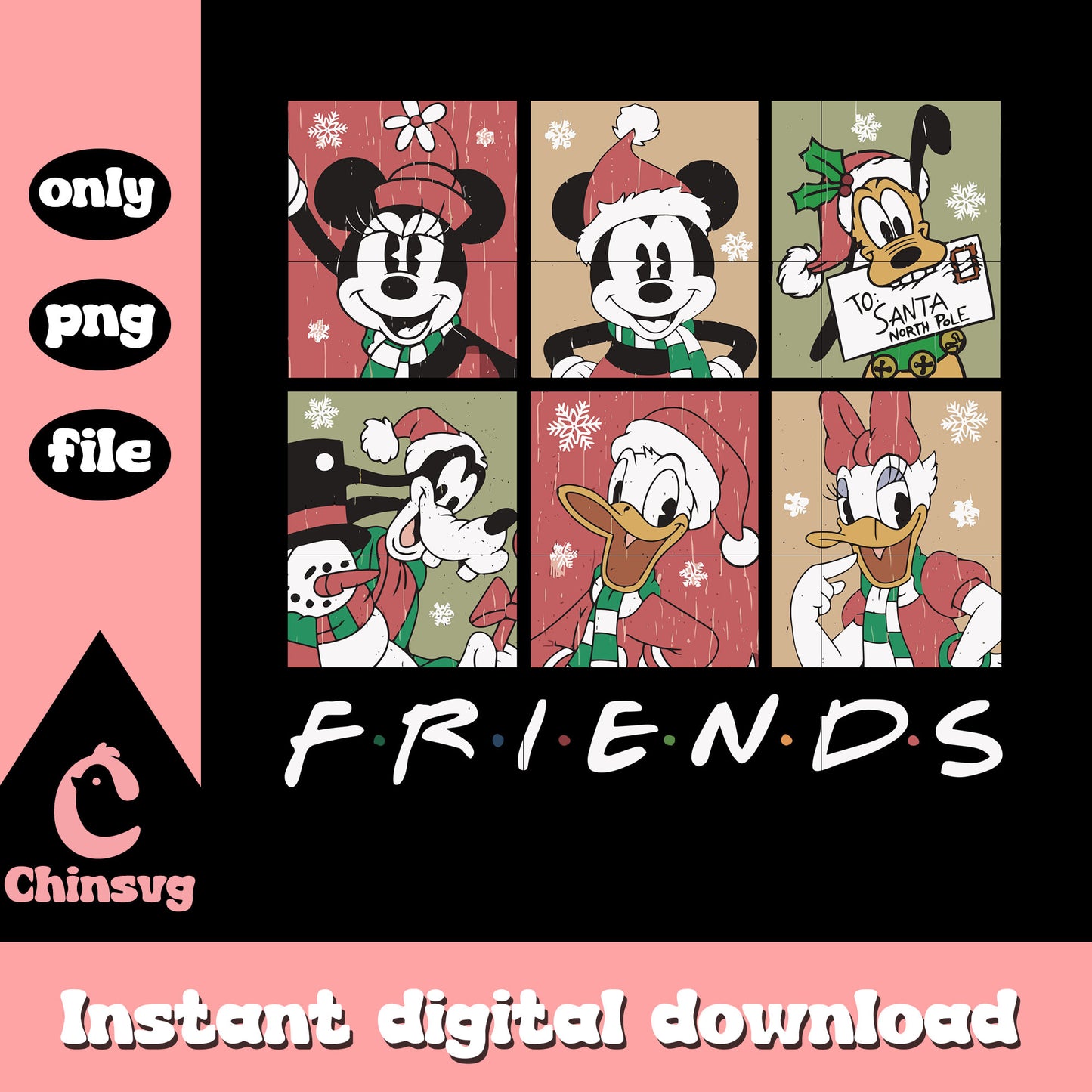 Vintage mickey friends christmas design png, christmas mickey and friends png