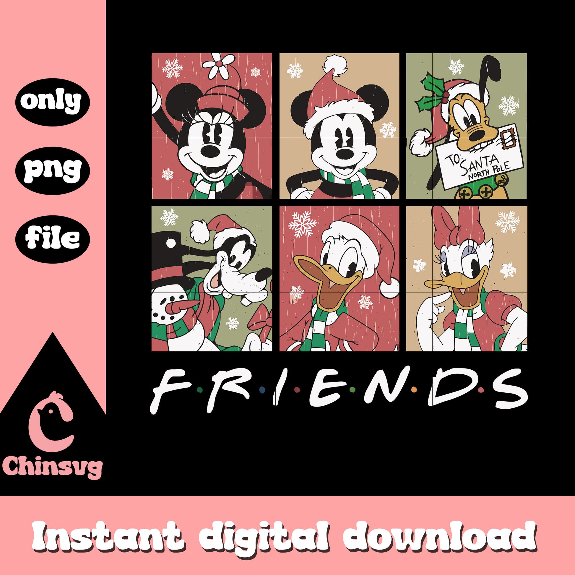 Vintage mickey friends christmas design png, christmas mickey and friends png