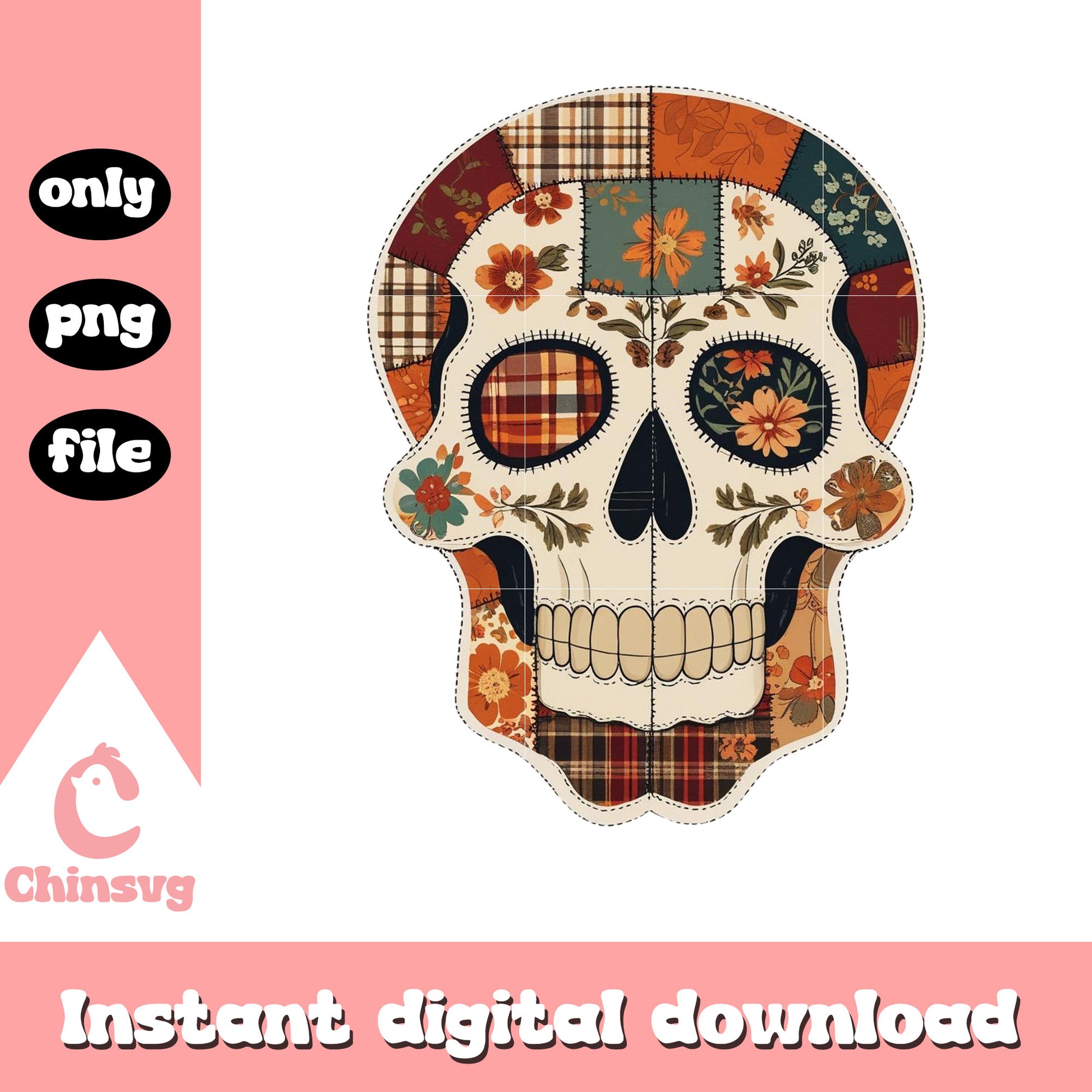 Vintage patchwork skull design png, skull halloween png