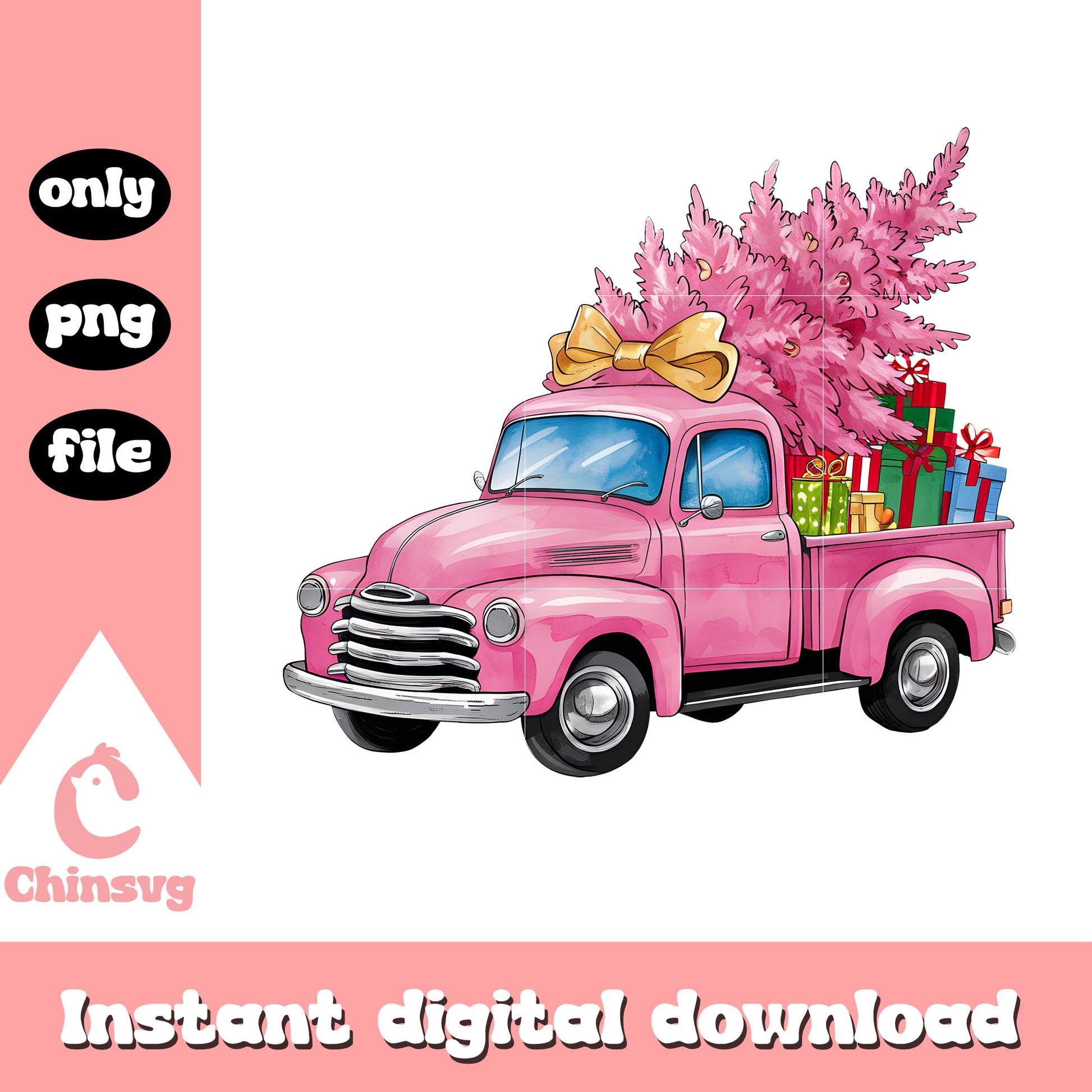 Vintage pink truck christmas tree png, decorations christmas png