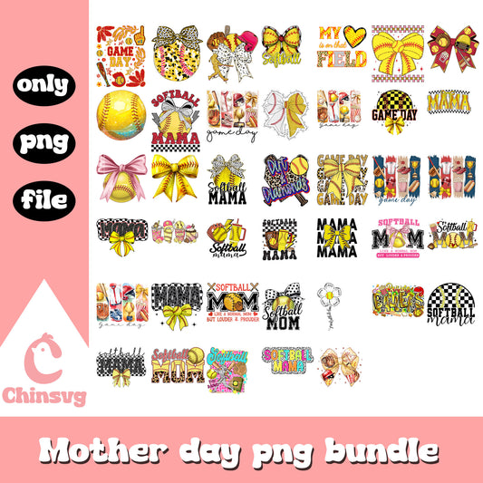 Vintage softball bow mother day bundle png, softball png, mother day png