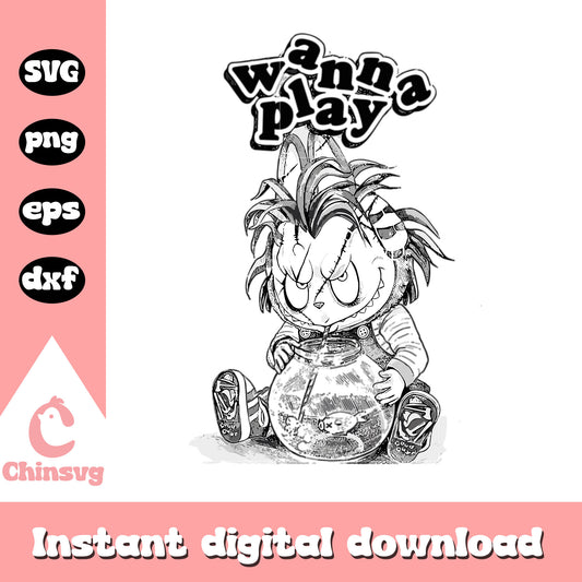 Wanna play labubu black white drawing design svg, chucky art svg