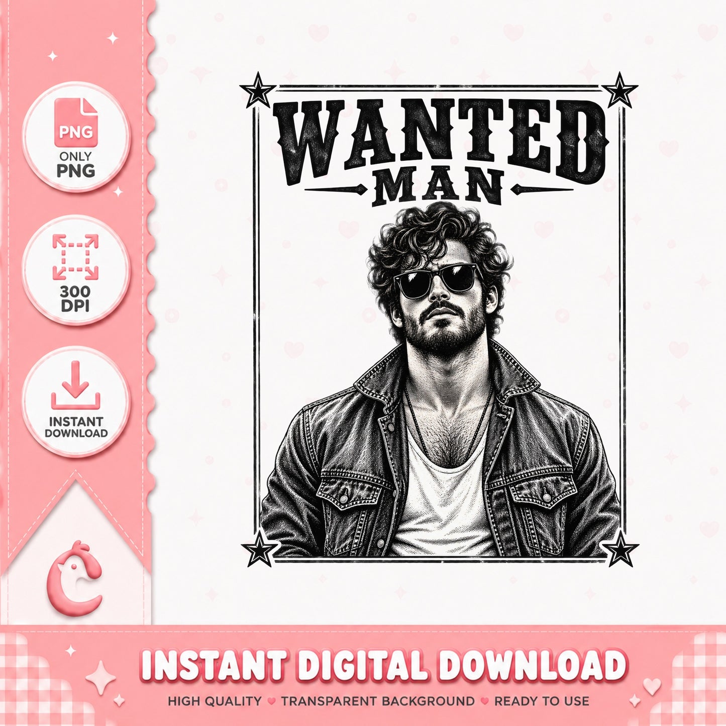 Wanted Man Poster PNG, Retro Western Design, Instant Download PNG