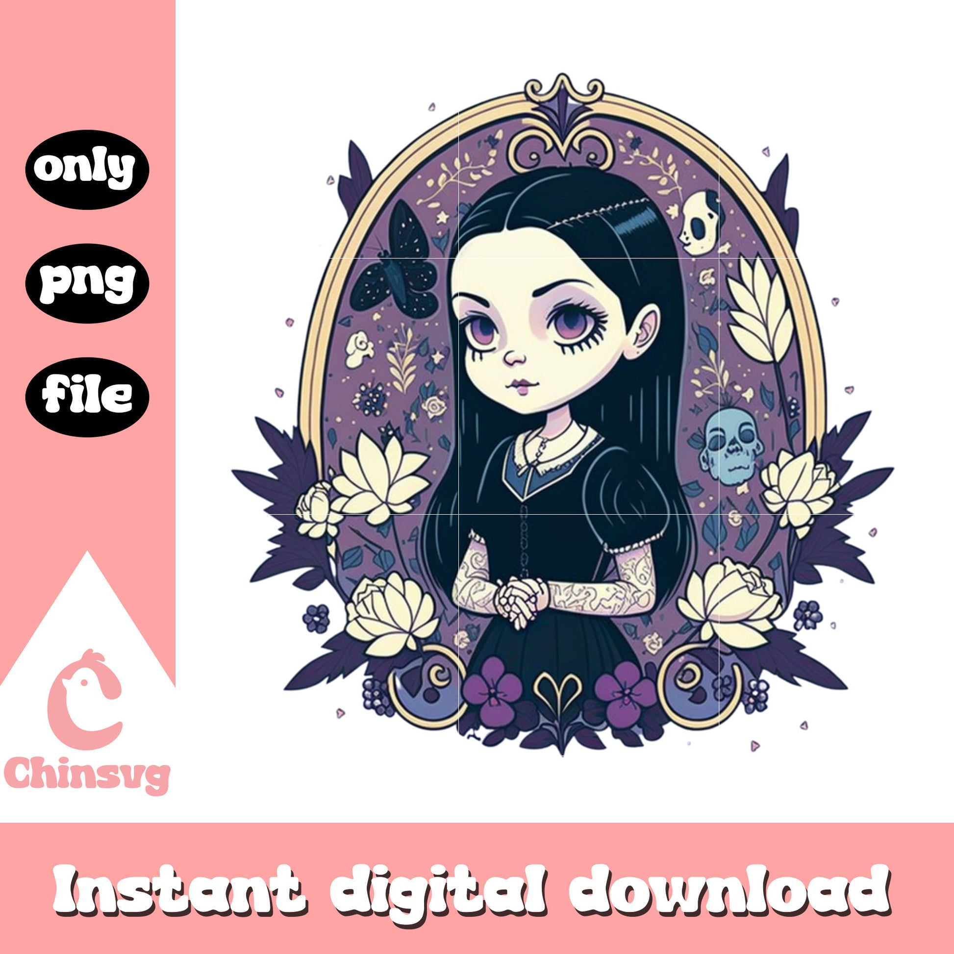 Wednesday addams floral frame design png, wednesday addams movie png