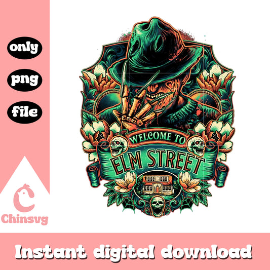 Welcome to elm street halloween design png, freddy krueger png