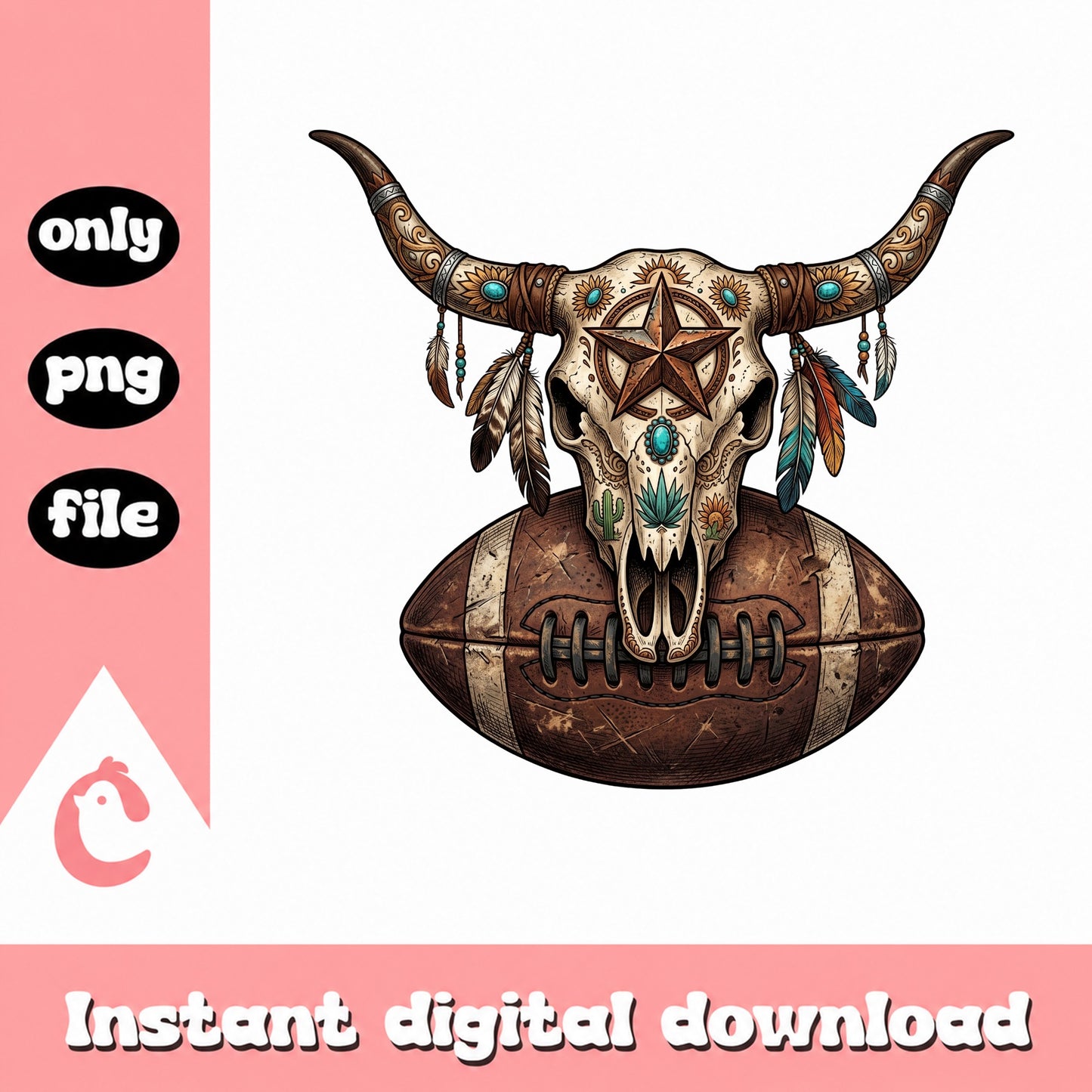 Western Bull Skull Football PNG, Boho Longhorn Sublimation, PNG
