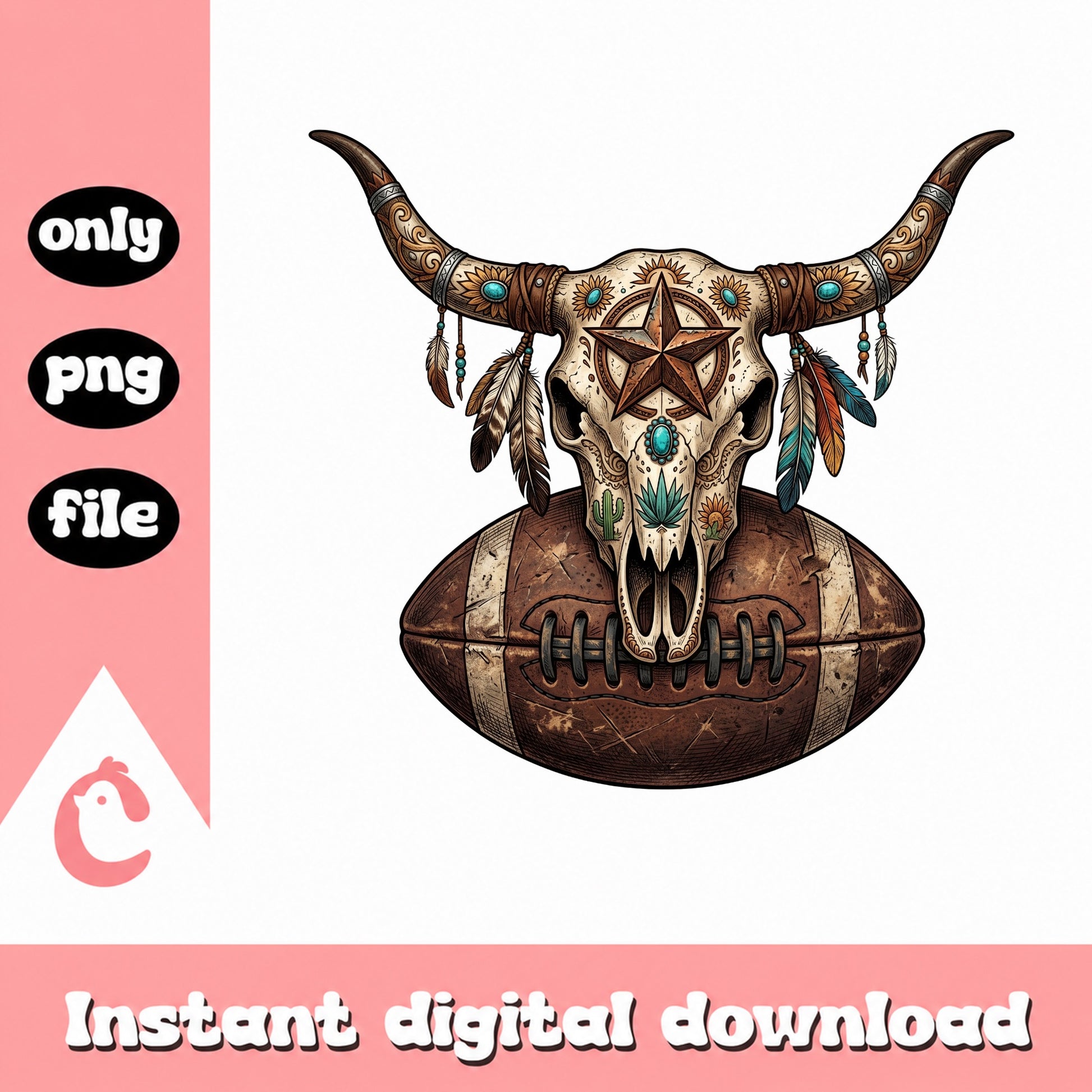Western Bull Skull Football PNG, Boho Longhorn Sublimation, PNG