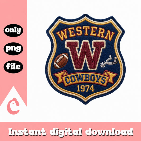 Western Cowboys Football Badge PNG, Varsity Patch 1974, Football PNG