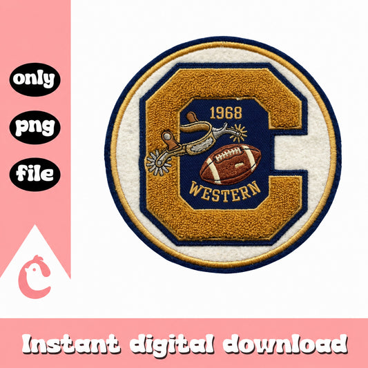 Western Football Varsity Patch PNG, Retro 1968 PNG, Letterman PNG