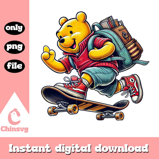 Winnie the pooh skateboarding to school design png, pooh png