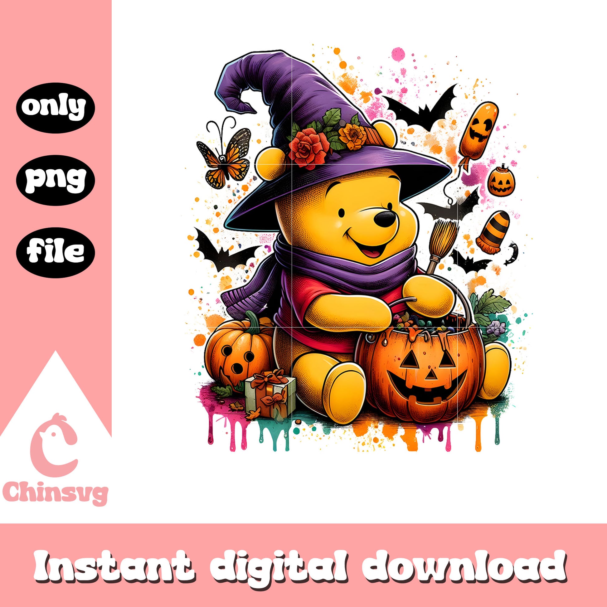 Winnie the pooh witch pumpkin splatted effect png, winnie the pooh halloween png